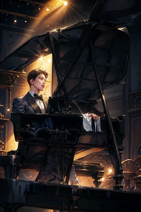 1male,solo,cool,tuxedo,upper body,play the piano,piano,on the stage,spotlight,floating music note,brilliant