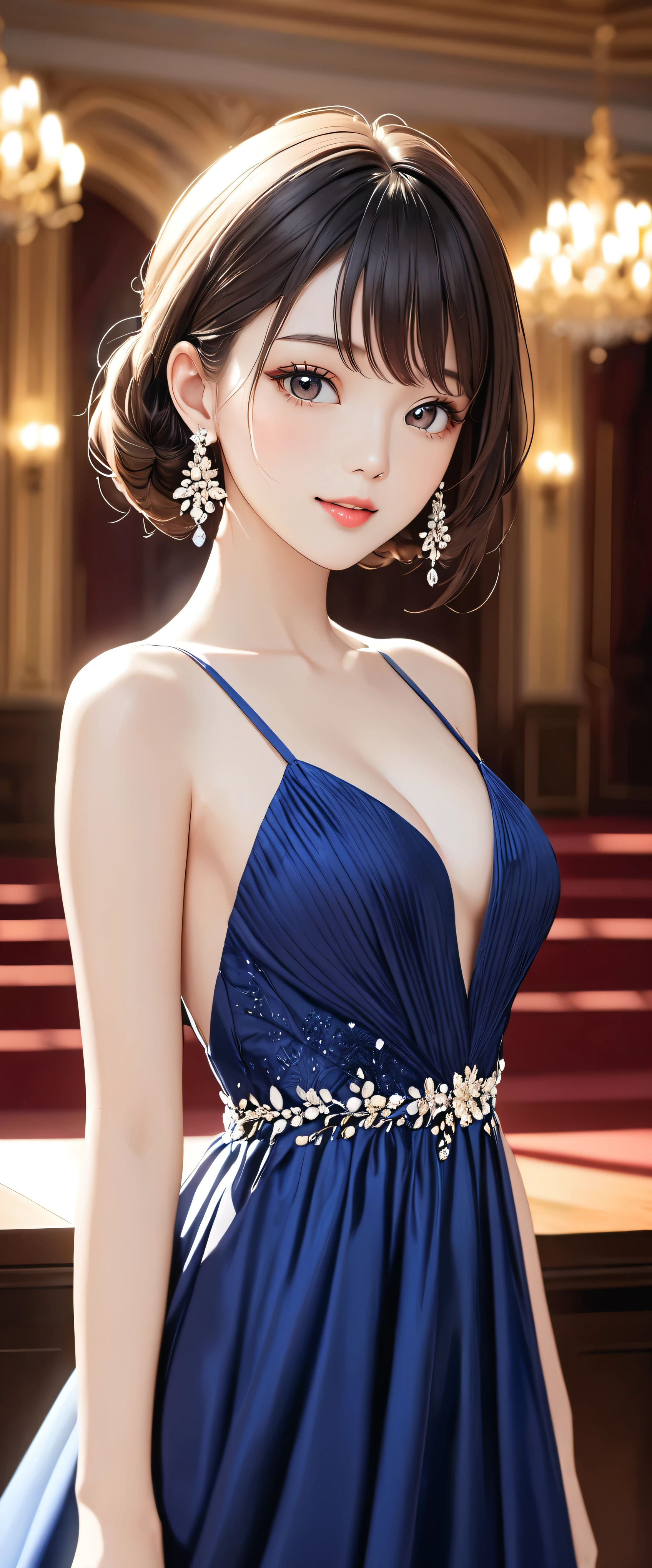 8K, Tabletop, Raw photo, Highest quality, Realistic, Highly detailed CG Unity 8k wallpaper, Depth of written boundary, Cinematic Light, Lens flare, Ray Tracing, (Very beautiful face, Beautiful Lips, Beautiful Eyes), Intricately detailed face, ((Highly detailed skin)) One girl, , Deep Shadow, Cute Korean Girl, K-POPアイドル, 1 girl, (Very slim and slender fit muscular body:1.3), ((Watching the audience)),(Big smile:1.3),  (Blurred Background),(No people in the background:1.3), Beautiful earrings, bracelet,  Clear Eyes, walk, (Pale skin), (Big eyes), Look forward, (Brown fur), (Full Body Shot),(Watching the audience:1.3) Open chest, Very slim,, focusing, In front of eyebrows, ((Luxury Prom Dresses)),(Wedding hall)