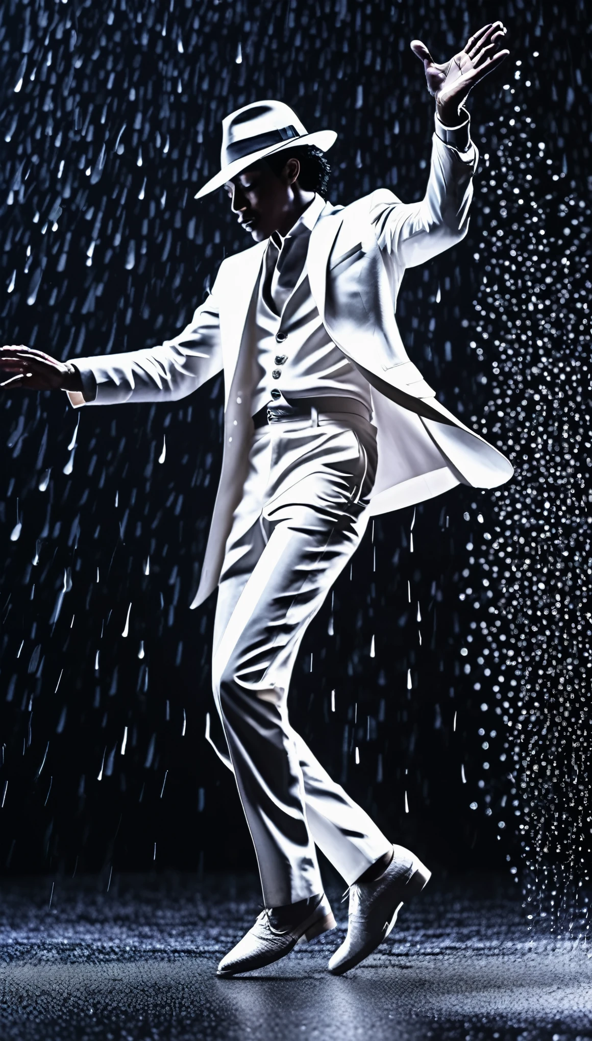 fusion of paper cutting and shadow puppetry, best quality, super fine, 16k, 2.5D, delicate and dynamic depiction, cool dancer in hat and white suit, rain, raindrops, dancing in the rain on the streets of Los Angeles, imitating Michael Jackson's famous pose, cool angle shooting effects