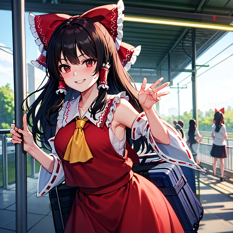 Reimu is on the train platform, picking up her luggage and saying goodbye with a smile.