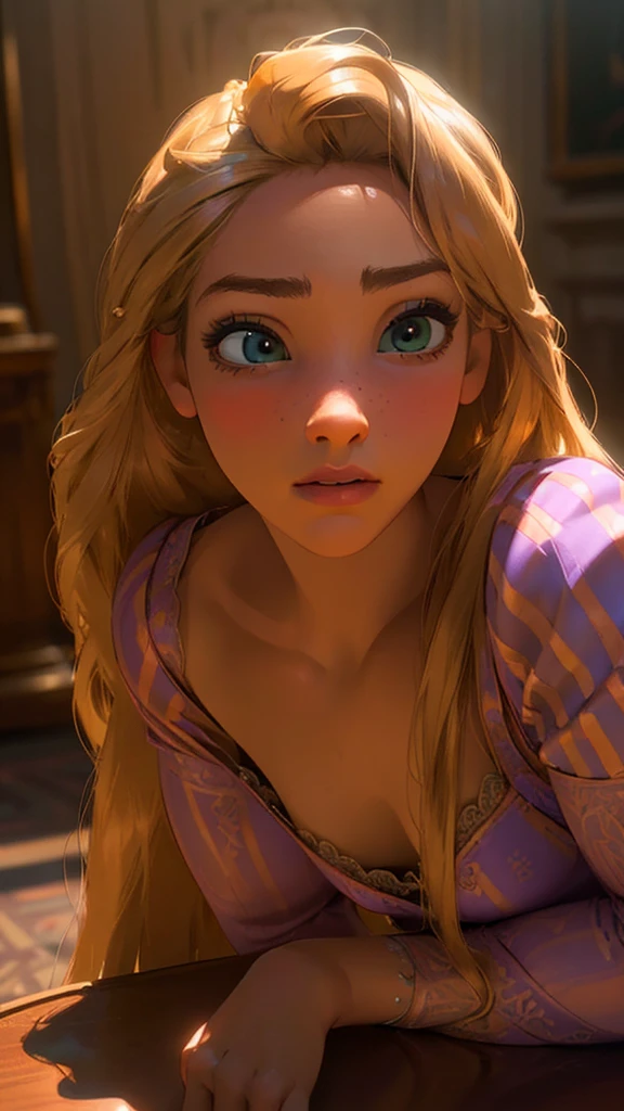 (Rapunzel, 1girl, long flowing golden hair, beautiful detailed eyes,beautiful detailed lips,extremely detailed eyes and face,longeyelashes, sexy half nude outfit, full body, oiled, horny, (best quality,4k,8k,highres,masterpiece:1.2),ultra-detailed,(realistic,photorealistic,photo-realistic:1.37),digital painting, cinematic lighting, dramatic shadows, volumetric lighting, highly detailed, intricate details, vibrant colors, chiaroscuro)