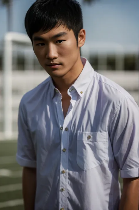 young asian man looking at camera in a white button-down shirt , fieldside, beach, sunlight, looking at the football field