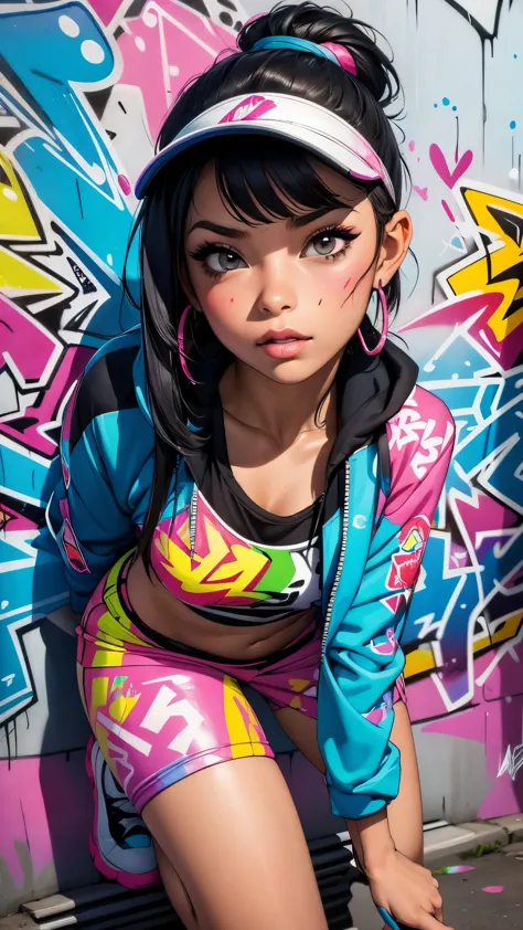 (best quality), (high detail), (vivid colors), (graffiti style), (freestyle), (close up), (1girl), young sexy female graffiti ar...