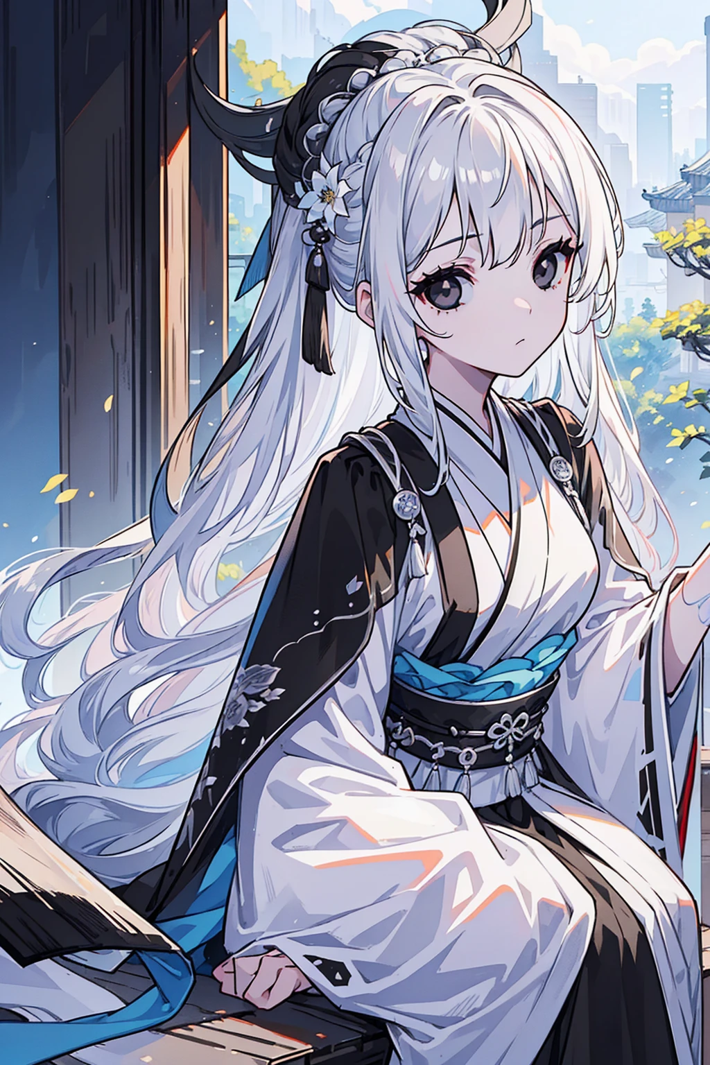 (Top image quality)、(Extremely detailed)、(Facing forward)、Top quality、masterpiece、((((1 girl))))、Silver Hair、White hair、((Long hair))、(black eyes:1.6)、(Hanfu)