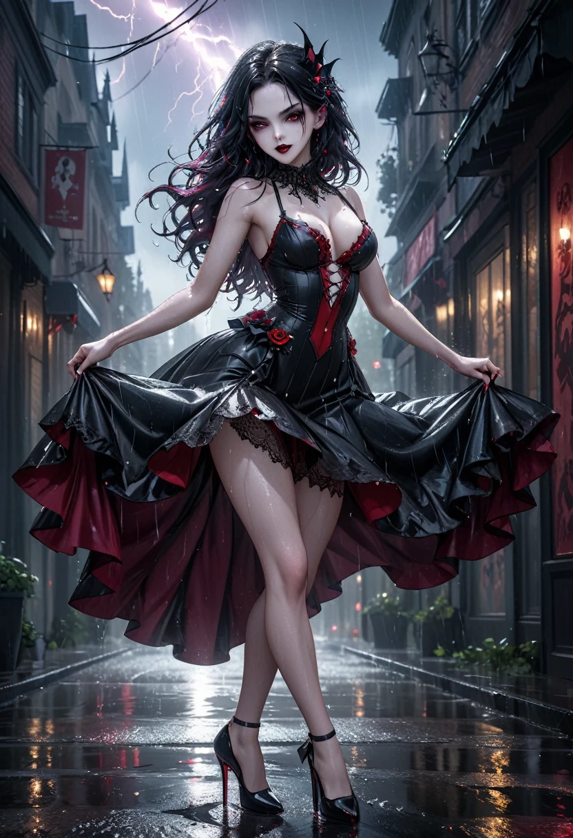 a female vampire (dancing: 1.3) in the rain during lightning storm, goth art, dark fantasy art, glamours (vampire: 1.5) model shot, RAW, award winning picture of a female vampire, dynamic hair color, dynamic hair style, pale skin, full body, busty woman, most beautiful face ultra detailed face, long hair, wavy hair, pale skin, wearing lace dress, wet dress, dynamic color, dynamic style dress, (intense detailed dress: 1.3), wearing intricate high heels, light make up, modern day high society street in a (lightning: 1.3) storm heavy rain, sense of glorified sensation in the storm, (anatomically correct: 1.4),  picture taken from dynamic range, vibrant, Ultra-high resolution, High Contrast, (masterpiece:1.5), highest quality, Best aesthetics), best details, best quality, highres, ultra wide angle, 16k, [ultra detailed], masterpiece, best quality, (extremely detailed), Intense Gaze, goth person