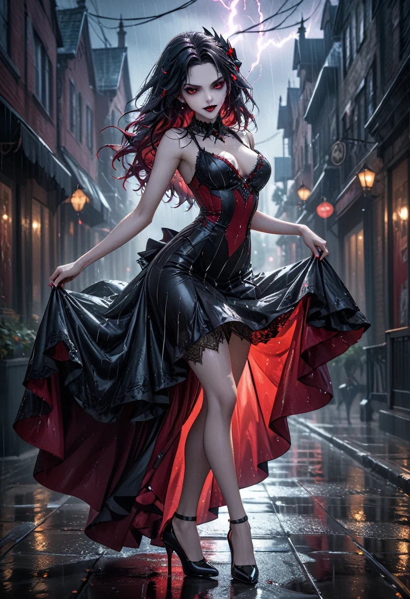 a female vampire (dancing: 1.3) in the rain during lightning storm, goth art, dark fantasy art, glamours (vampire: 1.5) model shot, RAW, award winning picture of a female vampire, dynamic hair color, dynamic hair style, pale skin, full body, busty woman, most beautiful face ultra detailed face, long hair, wavy hair, pale skin, wearing lace dress, wet dress, dynamic color, dynamic style dress, (intense detailed dress: 1.3), wearing intricate high heels, light make up, modern day high society street in a (lightning: 1.3) storm heavy rain, sense of glorified sensation in the storm, (anatomically correct: 1.4),  picture taken from dynamic range, vibrant, Ultra-high resolution, High Contrast, (masterpiece:1.5), highest quality, Best aesthetics), best details, best quality, highres, ultra wide angle, 16k, [ultra detailed], masterpiece, best quality, (extremely detailed), Intense Gaze, goth person