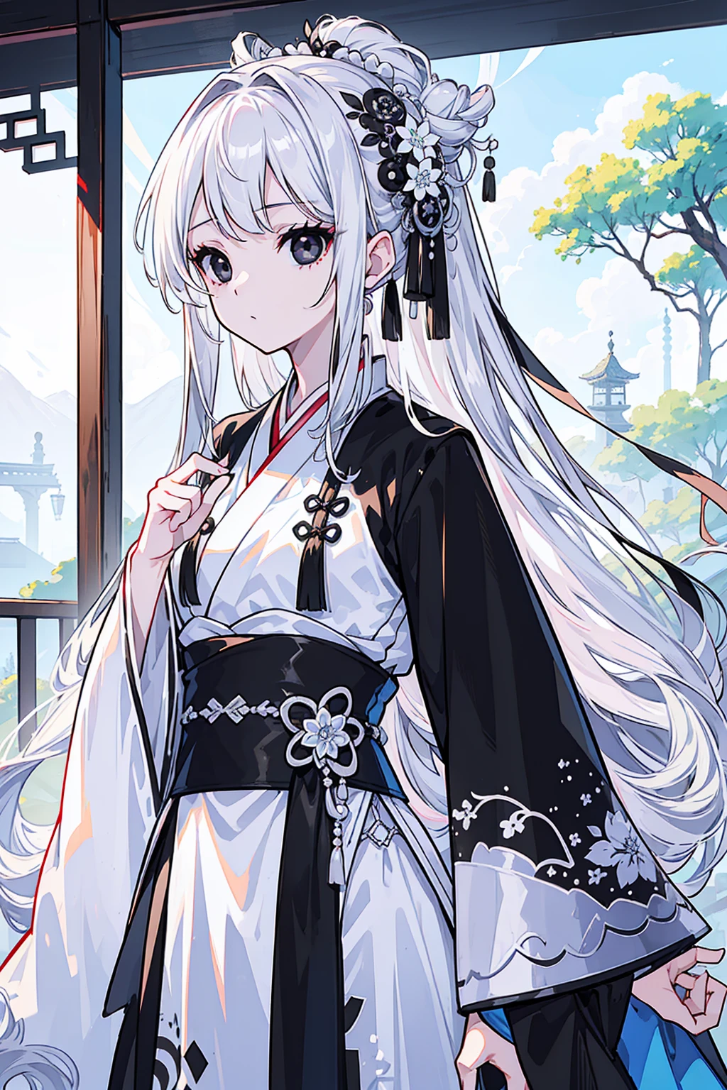 (Top image quality)、(Extremely detailed)、(Facing forward)、Top quality、masterpiece、((((1 girl))))、Silver Hair、White hair、((Long hair))、(black eyes:1.6)、(Hanfu)