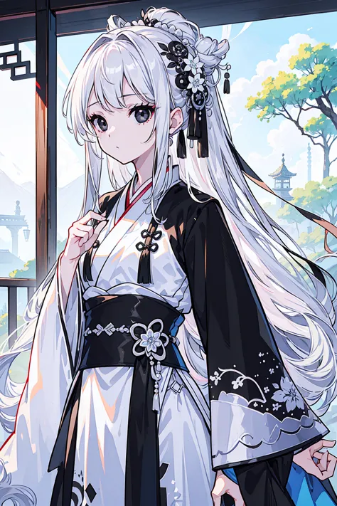 (top image quality)、(extremely detailed)、(facing forward)、top quality、masterpiece、((((1 girl))))、silver hair、white hair、((long h...