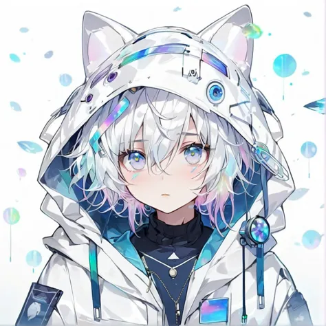 anime boy with white hair and blue eyes wearing a white jacket, anime boy with cat ears, anime boy, cute anime catboy, high qual...