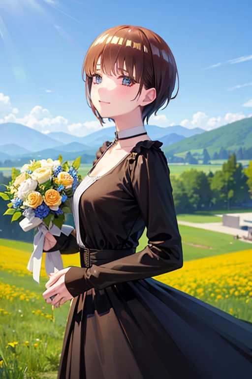 (masterpiece, Highest quality, detailed), One Girl, alone, Asymmetrical Short Hair，Brown Hair, Brown eyes, Black Wedding Dress, Long dress, Outdoor, Day, Chapel, blue sky, smile, Open your mouth，Watery eye，marriage,front，Hold the bouquet with both hands，Please put a black veil on your head.,Black wedding dress，Please shed a tear，