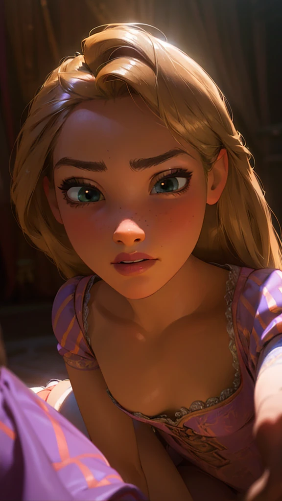 Rapunzel, sexy half nude outfit, full body, oiled skin, beautiful detailed eyes, beautiful detailed lips, extremely detailed face, long eyelashes, sensual pose, glowing skin, dramatic lighting, cinematic composition, volumetric lighting, dramatic shadows, vibrant colors, fantasy art, digital painting, photorealistic, best quality, 8k, high resolution, masterpiece , full body view