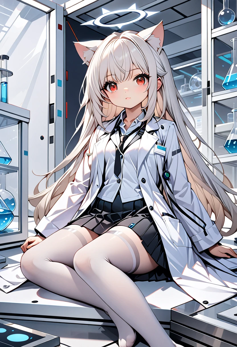 masterpiece, highest quality, highest resolution, clear_image, detailed details, White hair, long hair, cat ears, 1 girl, red eyes, white lab coat (with a black short skirt), white pantyhose, white scarf (around the neck), gray futuristic halo, cute, full body, no water marks, laboratory, no extra limps, no extra bod