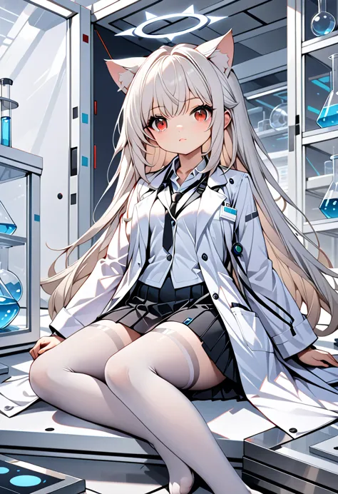 masterpiece, highest quality, highest resolution, clear_image, detailed details, White hair, long hair, cat ears, 1 girl, red ey...