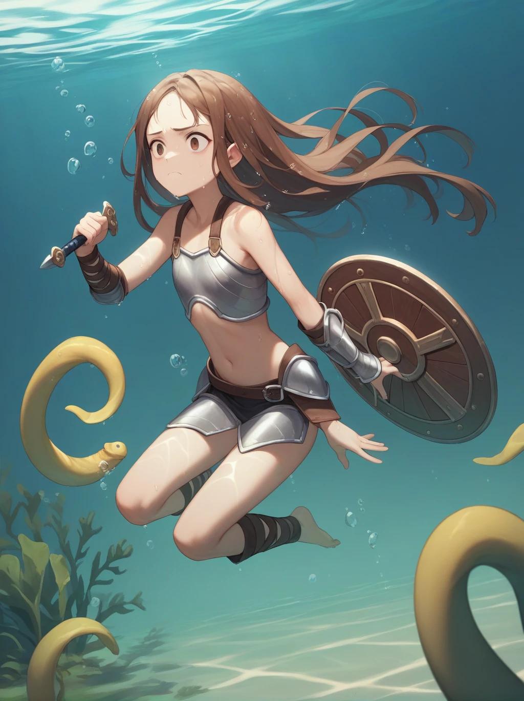 partially underwater,最high quality,high quality, four years old, , Long Hair, Brown Hair, Wet Hair, Flat Chest,Dark Underground Labyrinth,No light,Leather Armor,Equipped with a dagger and a shield,Face above water,Corpses in the water, Underwater Photography,The lobe rolls up due to buoyancy.,Painful face、My feet are being pulled by tentacles、Being dragged into the water、Go Wild