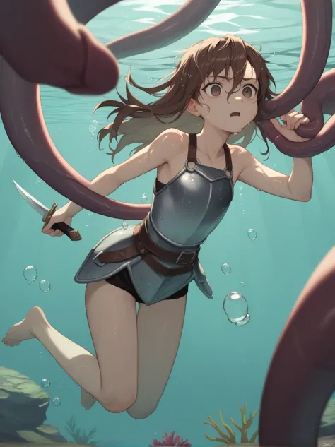 partially underwater,最high quality,high quality, four years old, , Long Hair, Brown Hair, Wet Hair, Flat Chest,Dark Underground ...