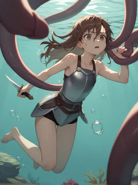 partially underwater,最high quality,high quality, four years old, , long hair, brown hair, wet hair, flat chest,dark underground ...