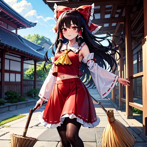 Reimu sweeping with a broom in front of the large Hakurei Shrine