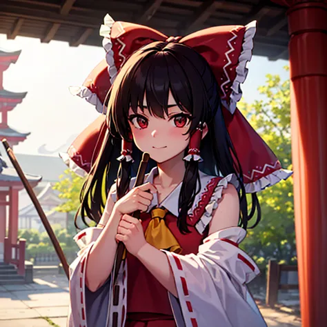 Reimu is cleaning with a broom in front of the large Hakurei Shrine and is pleased when she notices us.