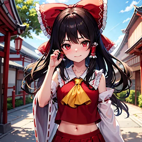 Reimu happily leads the viewer in front of the large Hakurei Shrine.