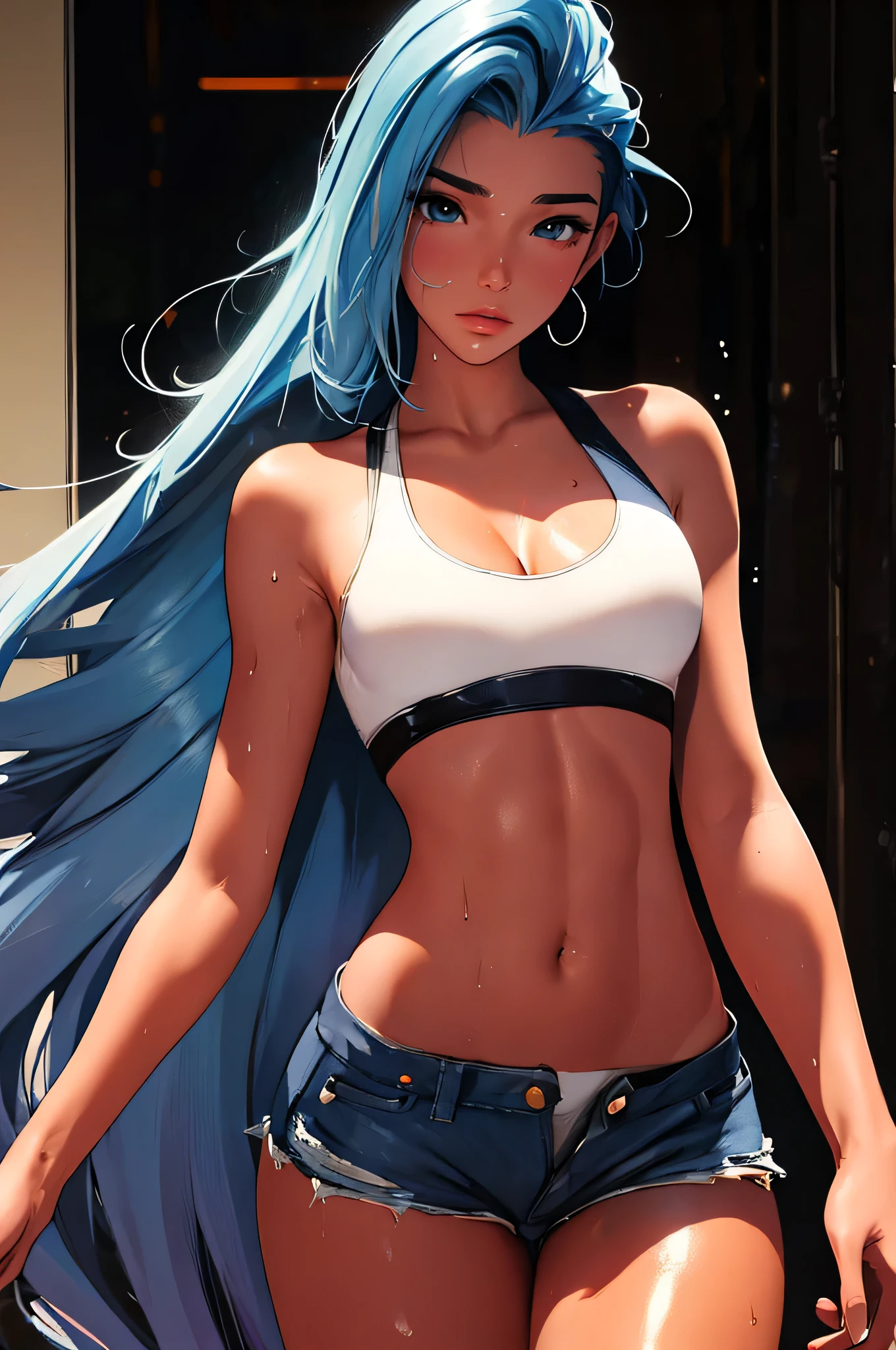 (best quality: 1.2), clean face, (masterpiece: 1.2, 8k)(PureErosFace_V1: 0.7), perfect anatomy, 1girl,a beautiful fashion model ,(masterpiece, official art, best quality) (wet skin, shiny skin) ,long and shiny hair, blue hair with streaks in hair, long hair, full lips, upturned nose , big breasts, looking at viewer, revealing outfit, absurdity, intricate details, dynamic pose, club, cinematic lighting, (highly detailed skin: 1.2), wearing
 short shorts and a tight white top, cleavage, torn clothes, thong straps