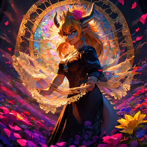 exquisite bowsette character, elegant dark gown design, dragon tail, vibrant flowers in a sunlit field, dynamic spinning motion,...