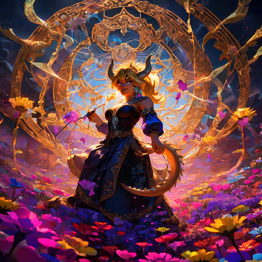 Exquisite Bowsette character, elegant dark gown design, dragon tail, vibrant flowers in a sunlit field, dynamic spinning motion, detailed lace patterns, flowing dark fabric, intricate embroidery, fantasy setting, magical atmosphere, bright and vivid colors, whimsical style, digital illustration, high resolution, enchanting lighting effects, artistically rendered shadows, ArtStation showcase.