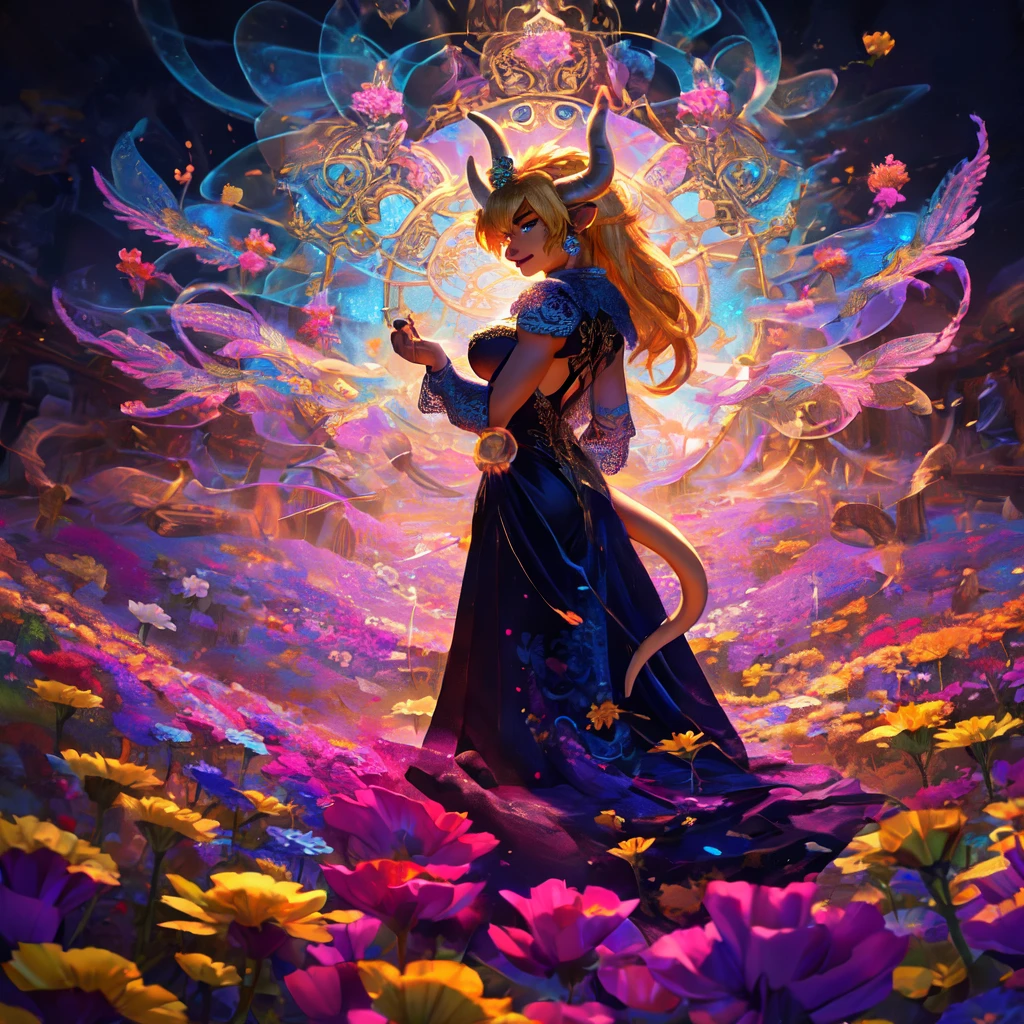 Exquisite Bowsette character, elegant dark gown design, dragon tail, vibrant flowers in a sunlit field, dynamic spinning motion, detailed lace patterns, flowing dark fabric, intricate embroidery, fantasy setting, magical atmosphere, bright and vivid colors, whimsical style, digital illustration, high resolution, enchanting lighting effects, artistically rendered shadows, ArtStation showcase.