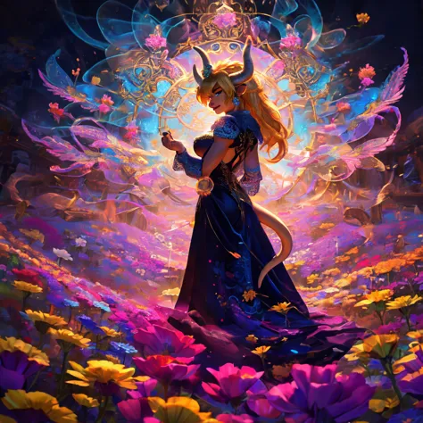 exquisite bowsette character, elegant dark gown design, dragon tail, vibrant flowers in a sunlit field, dynamic spinning motion,...