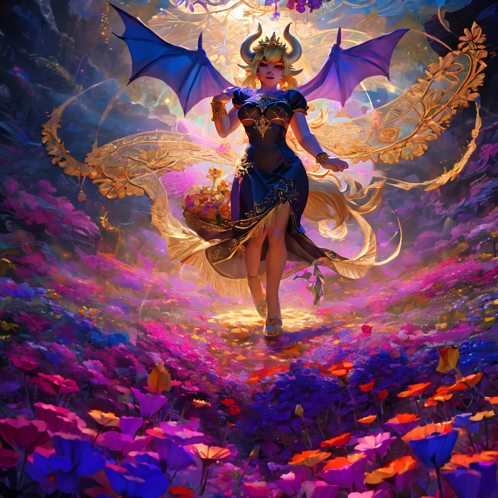 Exquisite Bowsette character, elegant dark gown design, dragon tail, vibrant flowers in a sunlit field, dynamic spinning motion, detailed lace patterns, flowing dark fabric, intricate embroidery, fantasy setting, magical atmosphere, bright and vivid colors, whimsical style, digital illustration, high resolution, enchanting lighting effects, artistically rendered shadows, ArtStation showcase.