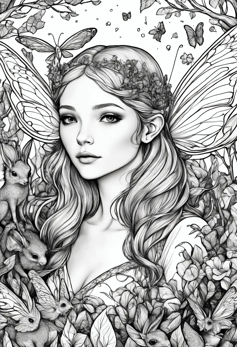 a fairy surrounded by enchanted creatures in a magical forest, clean line art, white background, colouring page, clean