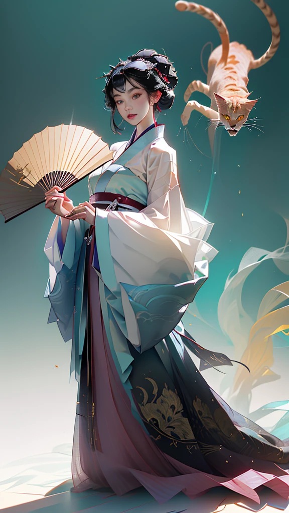 ((Masterpiece)),(Best Quality), (Cinematic),(Extremely detailed CG Unity 8k wallpaper),1girl, fit,Delicious company,revealing clothes, intricate outfit,fit, small breasts,very long black hair,big cat eyes,one Stunning hanfu shapeshifter cat girl(bakenekon, nekomata)with a beautifully designed fine and perfectly fitting magenta-peach hanfu clothing with georgeous patterns and also transparent flowing fabric. she is dancing in front of  graphic japanese background. her hands are very graceful presenting a fan. cat ear, vampy fang, eine Ganzkörperaufnahme, die Tradition und Moderne verbindet 