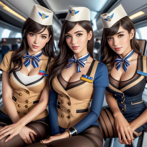 (best quality, masterpiece:1.5), (ultra-detailed, realistic:1.37),4K,(3woman:1.5),American,cute,beautiful,(Air hostess:1.3),stew...