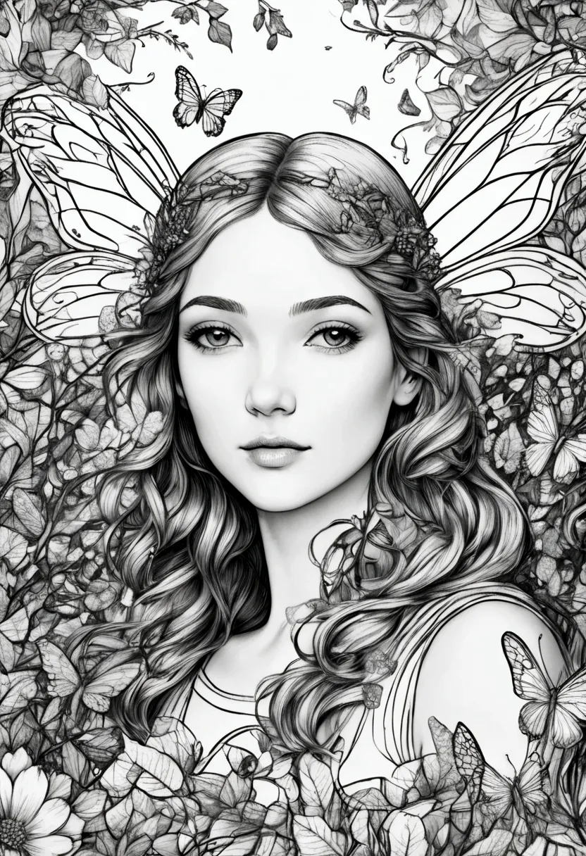 a fairy surrounded by enchanted creatures in a magical forest, clean line art, white background, colouring page, clean outline, ...