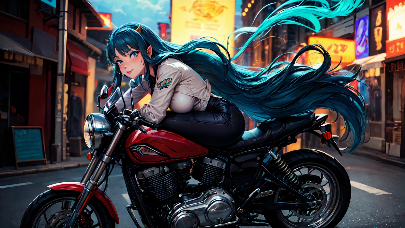 (score_9, score_8_up, score_7_up), lum, solo, long hair, bangs, blue hair, blue eyes, aqua hair, horns, eyeshadow, large breasts, looking at viewer, blush, a person riding a motorcycle, no helmet, leather jacket, hair blowing in the wind, on an overpass, neon city lights, left hand on the handlebar, (best quality,4k,8k,highres,masterpiece:1.2),ultra-detailed,detailed face and eyes, highly detailed, cinematic lighting, vibrant colors, dramatic atmosphere, motion blur, depth of field, licking a Chupa Chups lolly, pleasure on her face, bliss, mischievous smirk, intricate detailed facial features, high quality, 8k, beautiful detailed eyes, beautiful detailed lips, extremely detailed face, long eyelashes, vibrant colors, warm lighting, cinematic composition, dreamy atmosphere, fantasy, whimsical, magical realism, close-up motorcycle, from side, (full body),