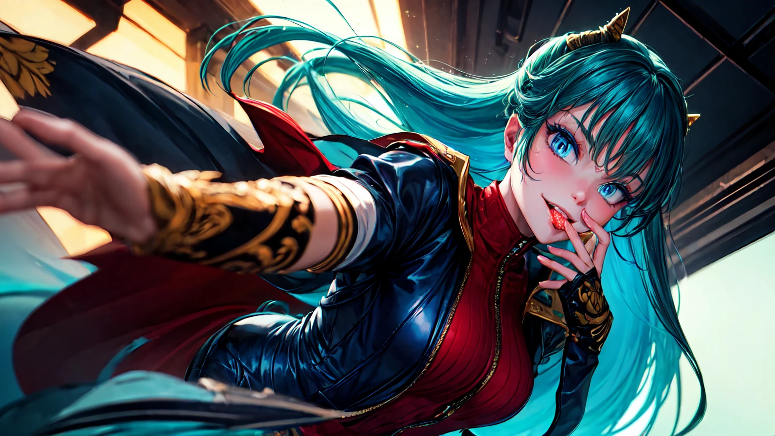 (score_9, score_8_up, score_7_up), lum, solo, long hair, bangs, blue hair, blue eyes, aqua hair, horns, eyeshadow, large breasts, looking at viewer, blush, a person riding a motorcycle, no helmet, leather jacket, hair blowing in the wind, on an overpass, neon city lights, left hand on the handlebar, (best quality,4k,8k,highres,masterpiece:1.2),ultra-detailed,detailed face and eyes, highly detailed, cinematic lighting, vibrant colors, dramatic atmosphere, motion blur, depth of field, licking a Chupa Chups lolly, pleasure on her face, bliss, mischievous smirk, intricate detailed facial features, high quality, 8k, beautiful detailed eyes, beautiful detailed lips, extremely detailed face, long eyelashes, vibrant colors, warm lighting, cinematic composition, dreamy atmosphere, fantasy, whimsical, magical realism, close-up motorcycle, from side, (full body),