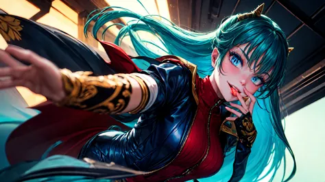 (score_9, score_8_up, score_7_up), lum, solo, long hair, bangs, blue hair, blue eyes, aqua hair, horns, eyeshadow, large breasts...