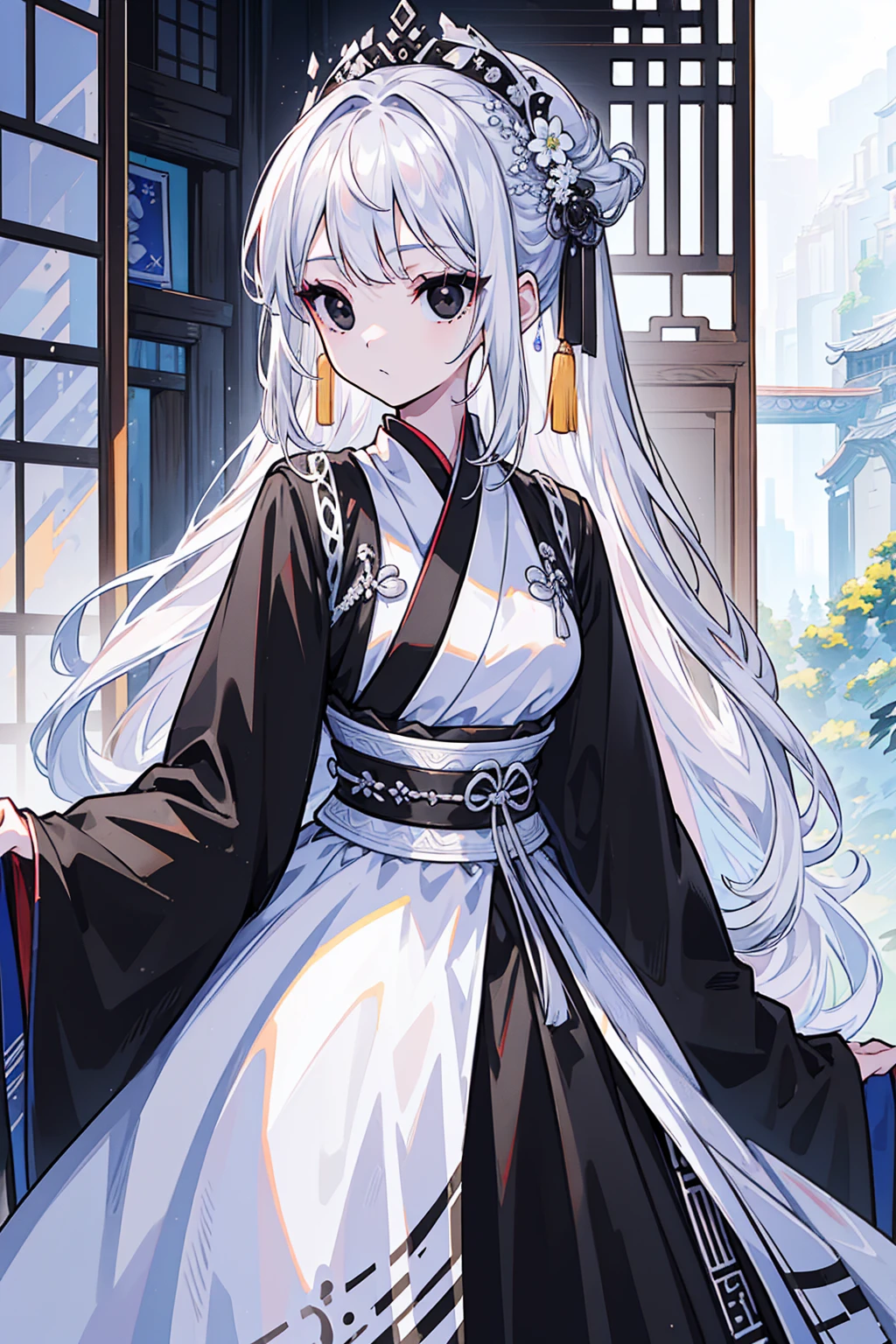 (Top image quality)、(Extremely detailed)、(Facing forward)、Top quality、masterpiece、((((1 girl))))、Silver Hair、White hair、((Long hair))、(black eyes:1.6)、(Hanfu)