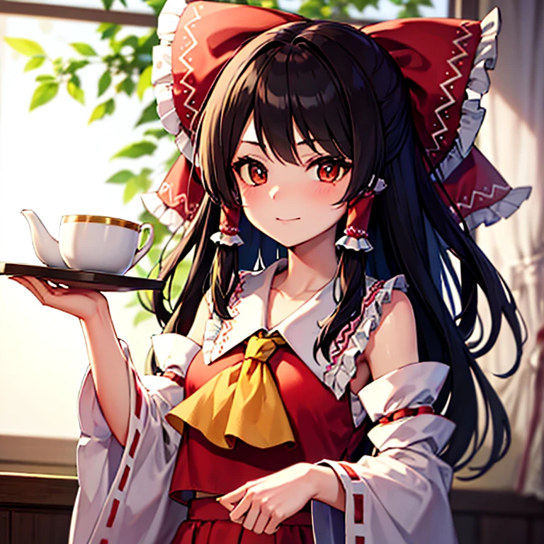 Reimu serving tea in her room