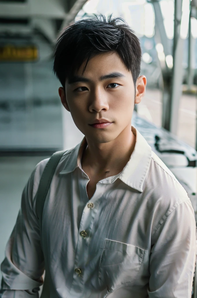 fotorealistisch ,Ein junger asiatischer Mann mit großen Muskeln blickt in die Kamera. In einem weißen Button-Down-Hemd , Sonnenstrand am Meer, Blick auf den Flughafen