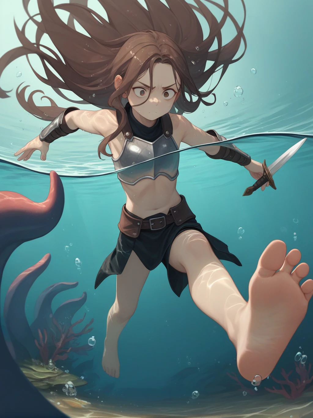 partially underwater,最high quality,high quality, four years old, , Long Hair, Brown Hair, Wet Hair, Flat Chest,leather armor, Equipped with a dagger and a shield,Face above water,Corpses in the water, Underwater Photography,The lobe rolls up due to buoyancy.,Painful face、My feet are being pulled by tentacles、Being dragged into the water、Go Wild