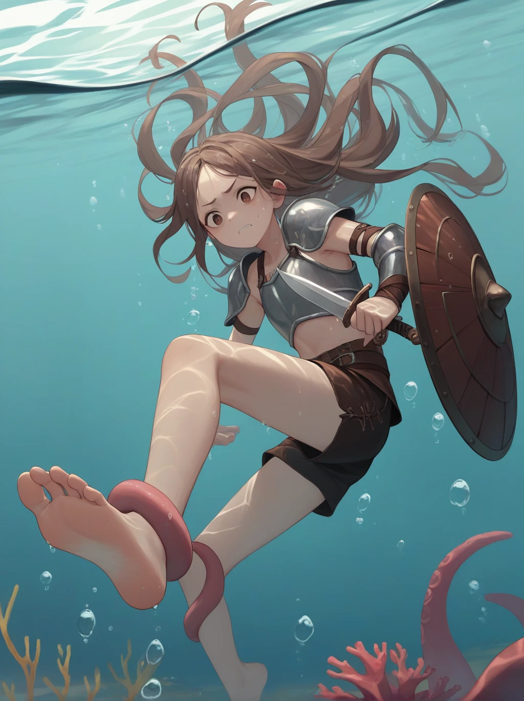 partially underwater,最high quality,high quality, four years old, , Long Hair, Brown Hair, Wet Hair, Flat Chest,leather armor, Equipped with a dagger and a shield,Face above water,Corpses in the water, Underwater Photography,The lobe rolls up due to buoyancy.,Painful face、My feet are being pulled by tentacles、Being dragged into the water、Go Wild