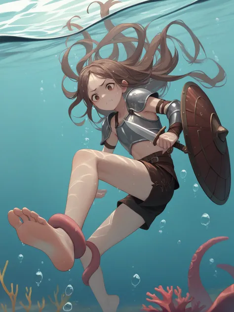 partially underwater,最high quality,high quality, four years old, , Long Hair, Brown Hair, Wet Hair, Flat Chest,leather armor, Eq...
