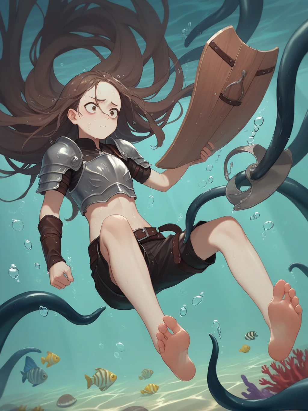 partially underwater,最high quality,high quality, four years old, , Long Hair, Brown Hair, Wet Hair, Flat Chest,leather armor, Equipped with a dagger and a shield,Face above water,Corpses in the water, Underwater Photography,The lobe rolls up due to buoyancy.,Painful face、My feet are being pulled by tentacles、Being dragged into the water、Go Wild