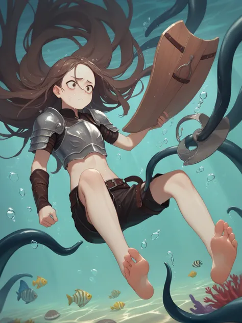 partially underwater,最high quality,high quality, four years old, , Long Hair, Brown Hair, Wet Hair, Flat Chest,leather armor, Eq...