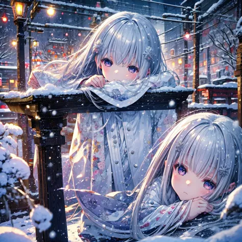 A dreamlike world、Pale Light、(blur eyes) Baby Face、14 years old、Silver fox girl、background、 Snow in Kamakura Nakano