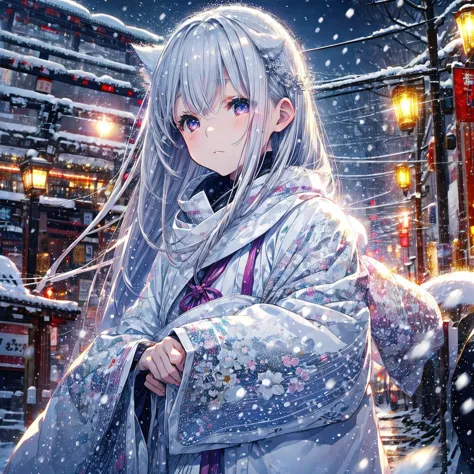 A dreamlike world、Pale Light、(blur eyes) Baby Face、14 years old、Silver fox girl、background、 Snow in Kamakura Nakano