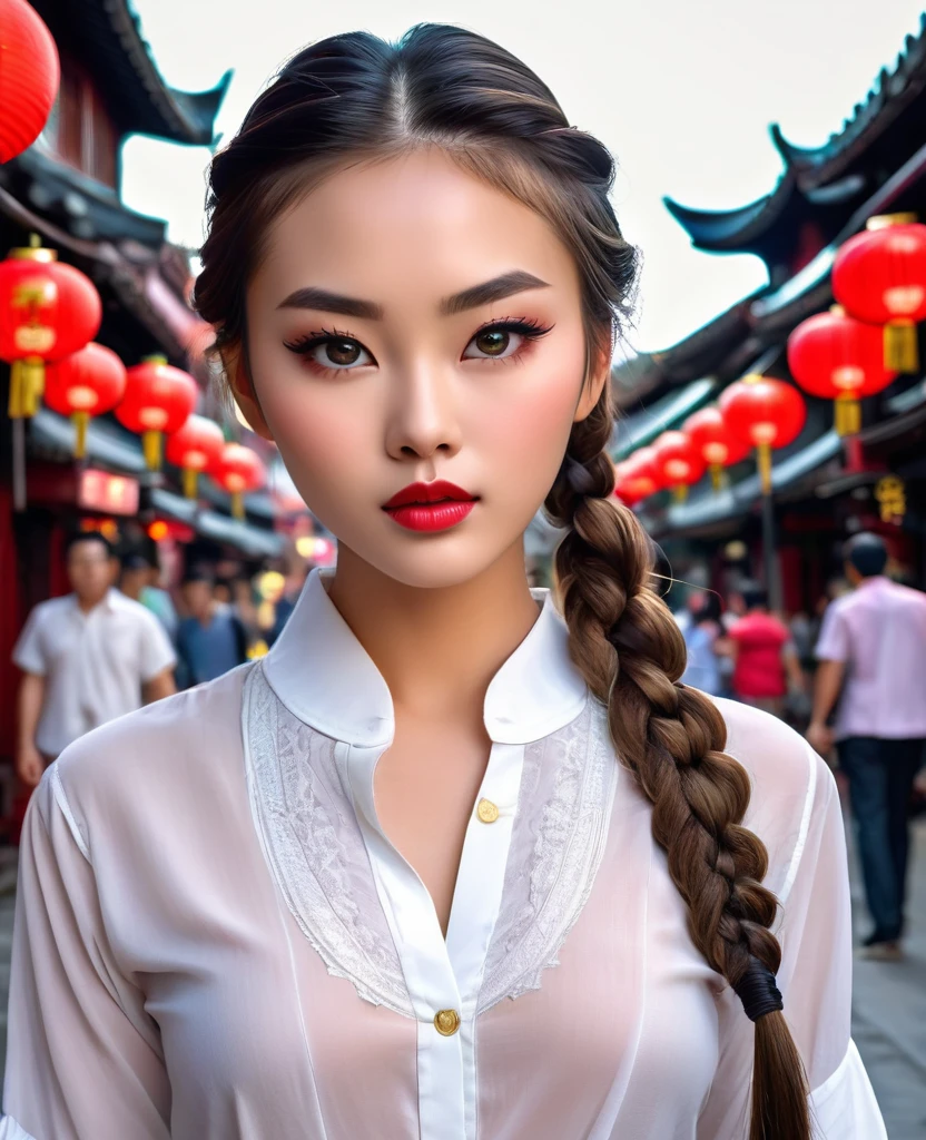 Stunning 17 girl, Fashion model [[[[so beautiful like human immortal]]]], perfect  eyes, Perfect iris & pupils, thicker lips pouted & plumper，Perfect glowing skin, Soft front light，slender pointed nose，hdr，Movie girl, braids，Long black，The background is vintage Chinatown, she's wearing white shirt.