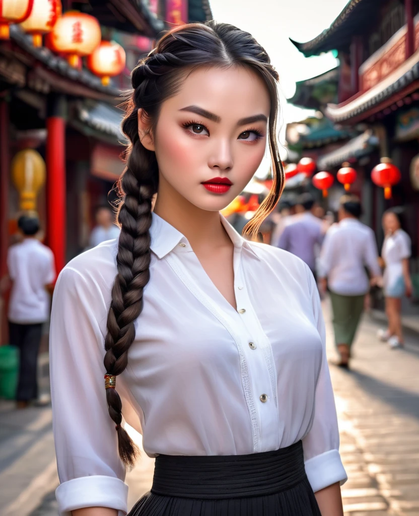 Stunning 17 girl, Fashion model [[[[so beautiful like human immortal]]]], perfect  eyes, Perfect iris & pupils, thicker lips pouted & plumper，Perfect glowing skin, Soft front light，slender pointed nose，hdr，Movie girl, braids，Long black，The background is vintage Chinatown, she's wearing white shirt.