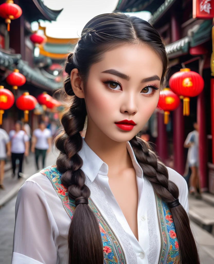 Stunning 17 girl, Fashion model [[[[so beautiful like human immortal]]]], perfect  eyes, Perfect iris & pupils, thicker lips pouted & plumper，Perfect glowing skin, Soft front light，slender pointed nose，hdr，Movie girl, braids，Long black，The background is vintage Chinatown, she's wearing white shirt.