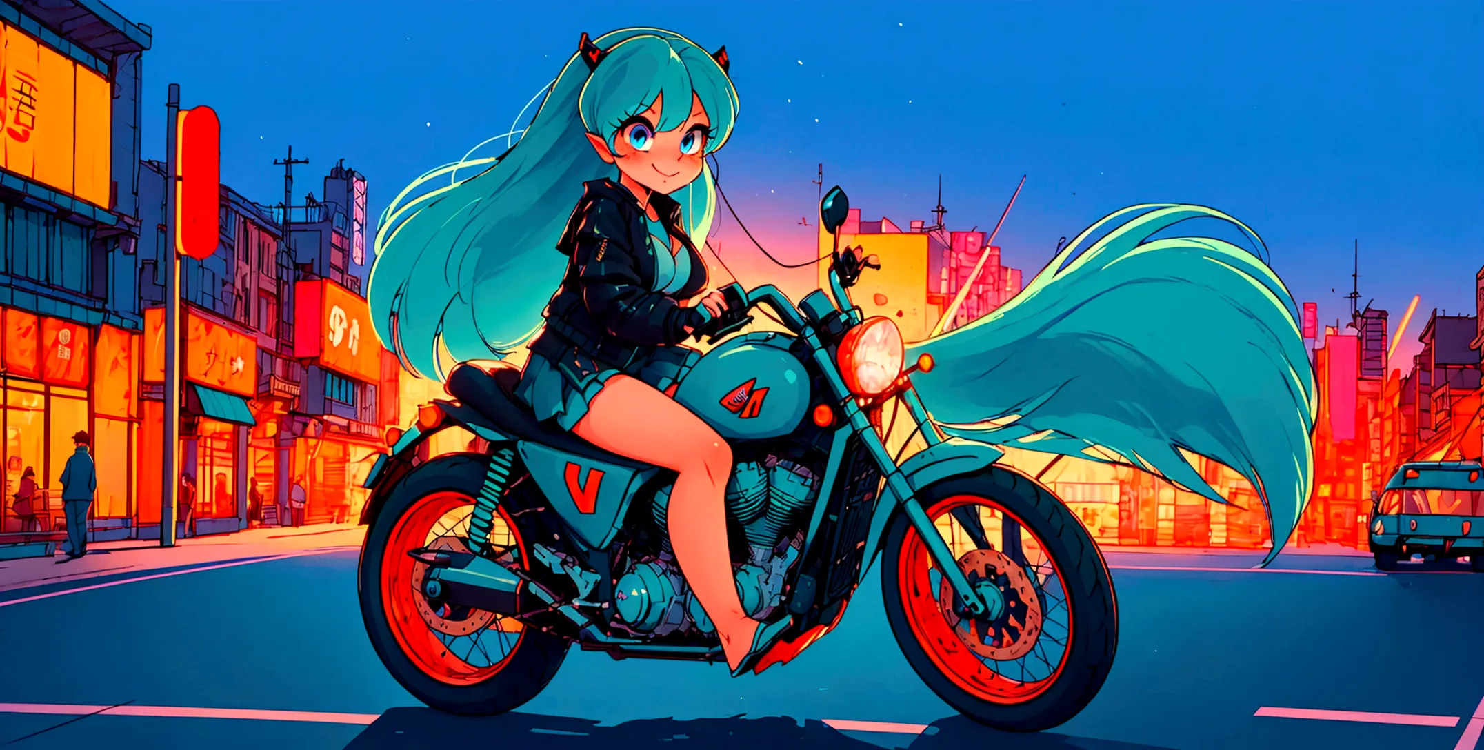 (score_9, score_8_up, score_7_up), lum, solo, long hair, bangs, blue hair, blue eyes, aqua hair, horns, eyeshadow, large breasts...